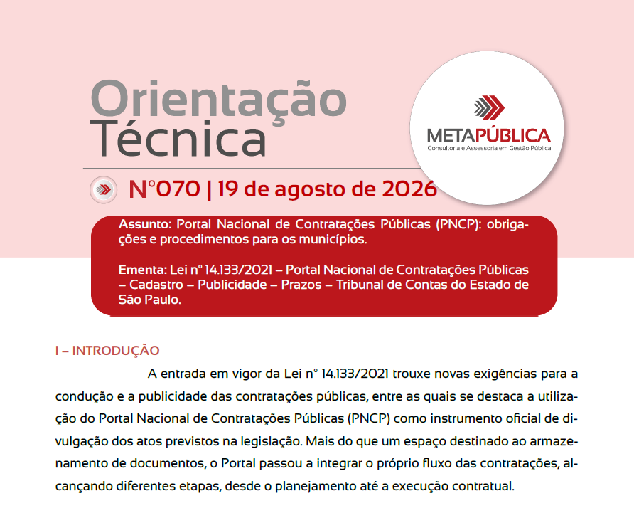 Imagem principal de ORIENTAÇÃO TÉCNICA METAPÚBLICA 070 - 19 de agosto de 2026