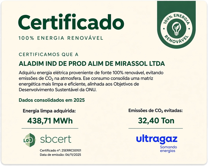 Certificado 100% energia renovável Aladim Alimentos