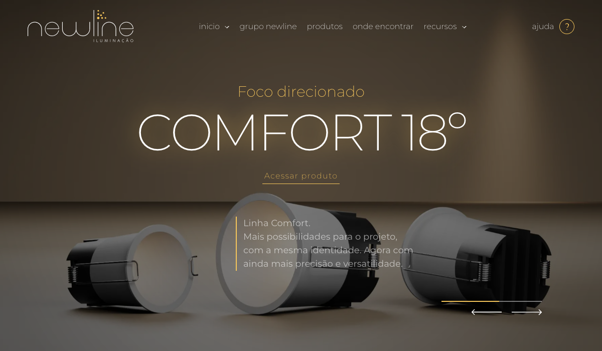 Home do site Newline Iluminação, projeto da Eco Webdesign