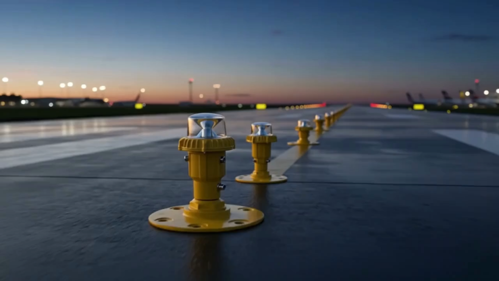 Pista de aeródromo à noite com luzes de balizamento