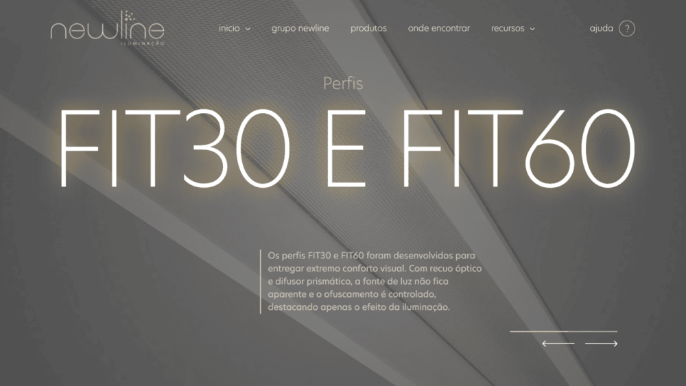 Página inicial do site Newline Iluminação, projeto da Eco Webdesign