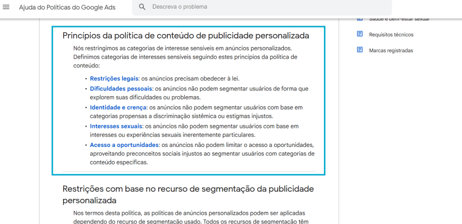 Outros segmentos de atualização da politica do Google Ads