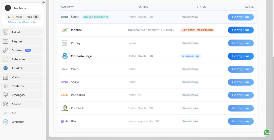 Lista de gateways com Stripe