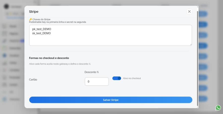 Cartão ativo e Salvar Stripe