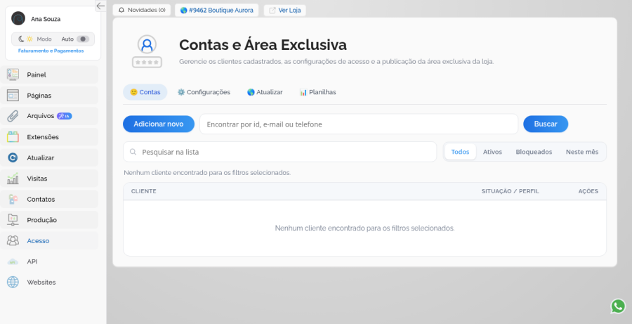 Aba Contas em Contas e Área Exclusiva
