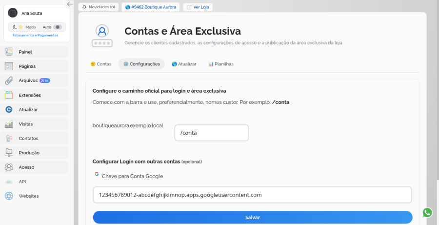 Caminho /conta e chave Google na aba Configurações
