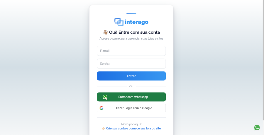Tela de entrada com e-mail, WhatsApp e Google