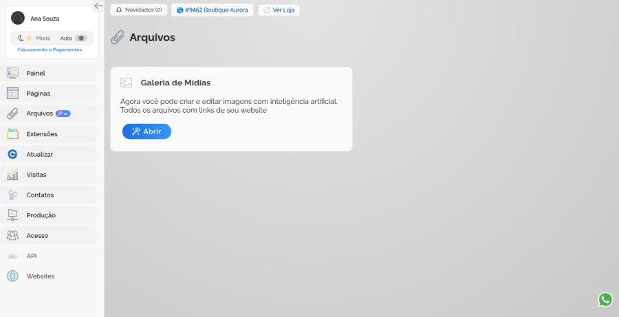 Tela Arquivos com o card Galeria de Mídias