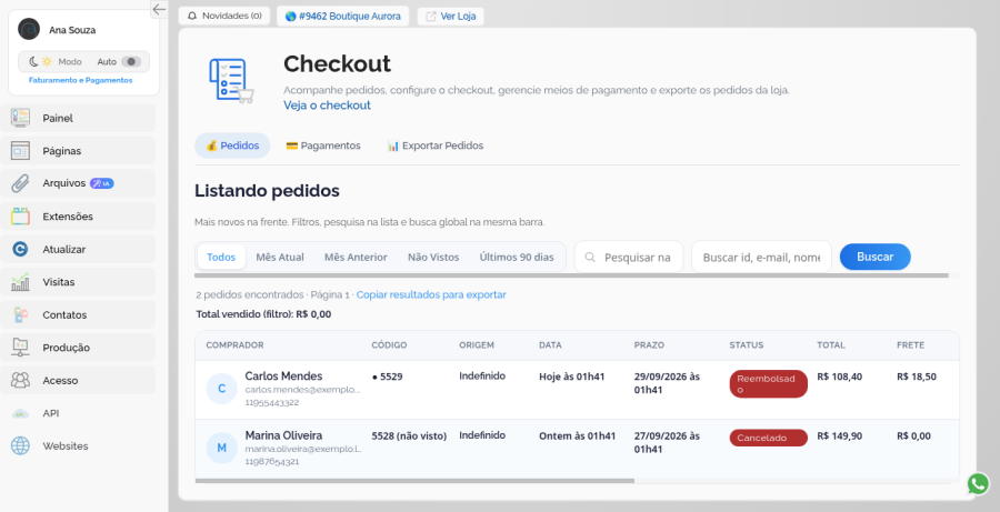 Lista de pedidos no Checkout