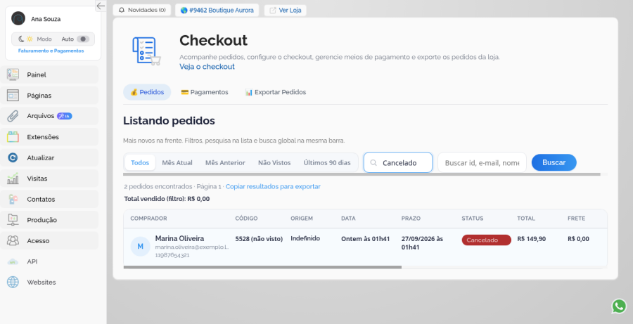 Lista filtrada por status Cancelado
