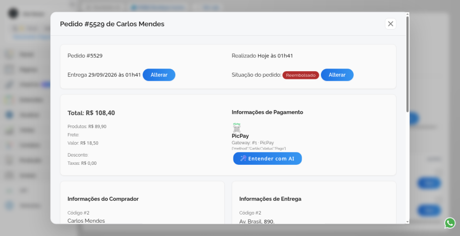 Detalhe do pedido #5529 de Carlos Mendes
