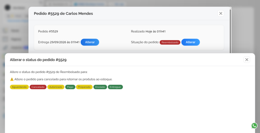 Formulário para alterar o status do pedido