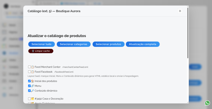 Painel Atualizar o catálogo de produtos com seleção e Limpar cache
