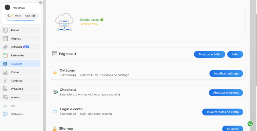 Card Páginas com Atualizar e Subir e Subir