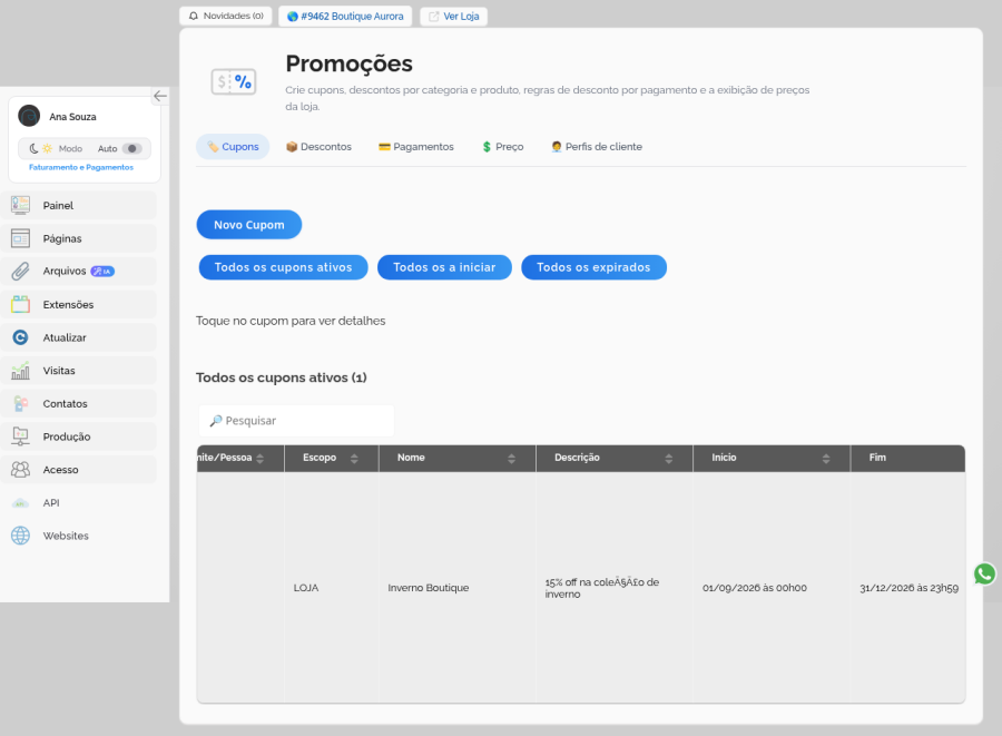 Lista de Promoções na aba Cupons com o cupom Inverno Boutique