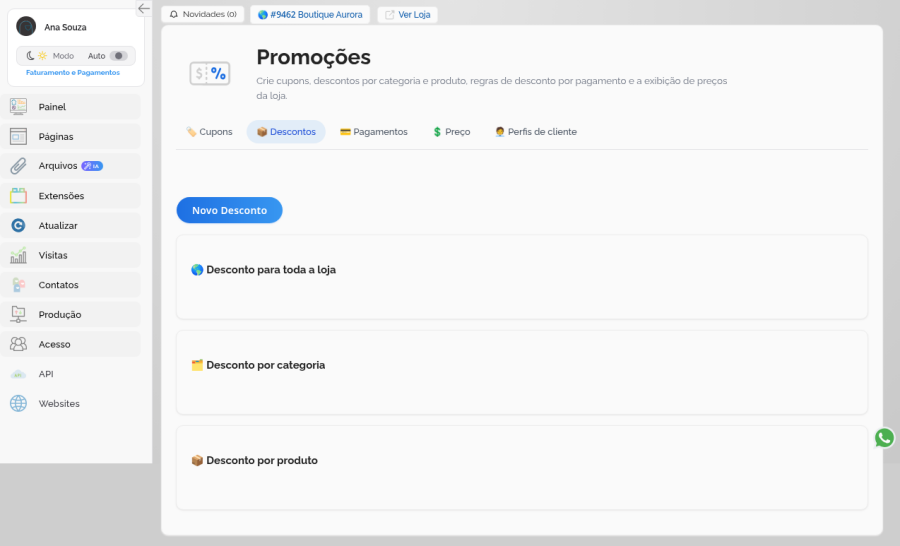 Aba Descontos com Novo Desconto e três tipos de desconto