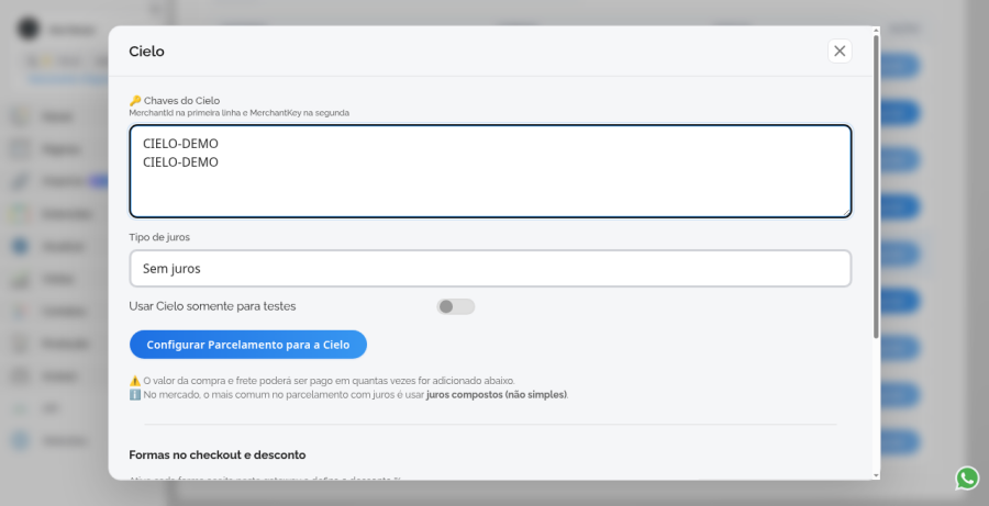 Formulário da Cielo com chaves de demonstração, tipo de juros e opção de parcelamento