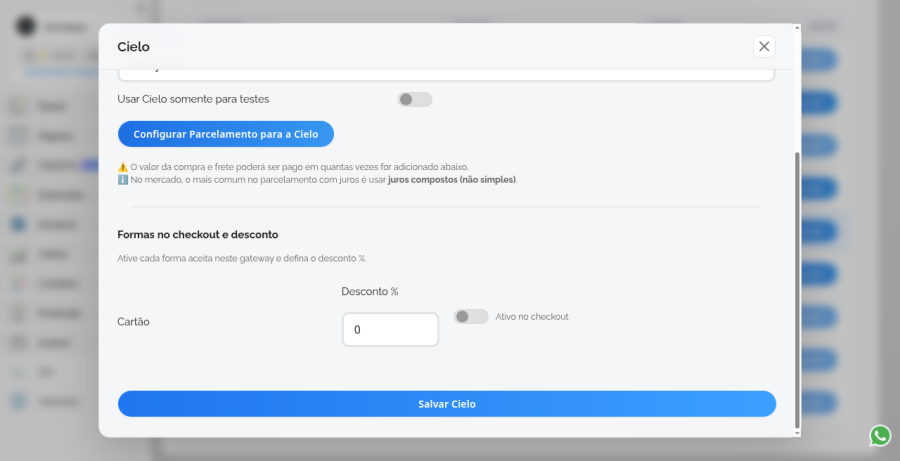 Área de formas no checkout da Cielo, com cartão, desconto e botão Salvar Cielo