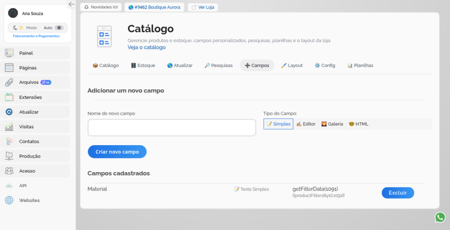 Aba + Campos no Catálogo com formulário e lista