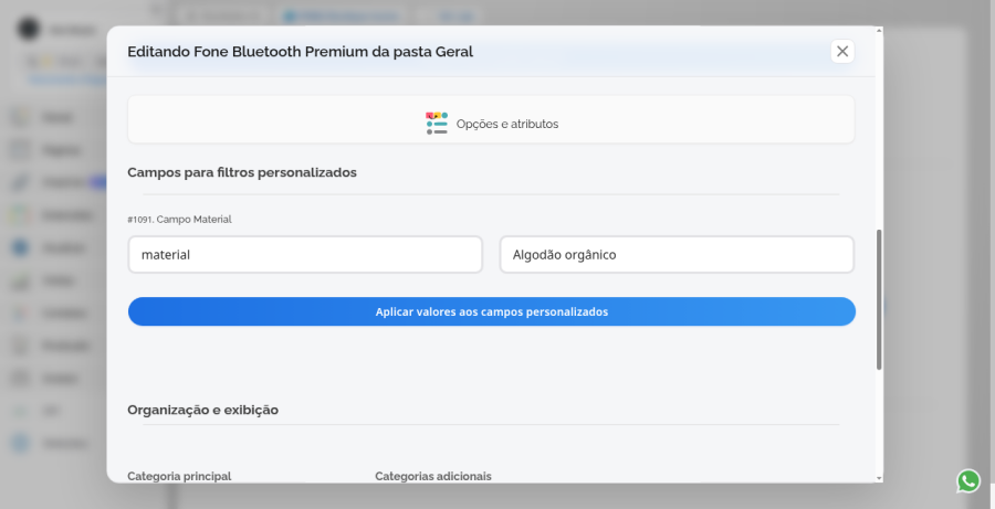 Produto com campo Material preenchido