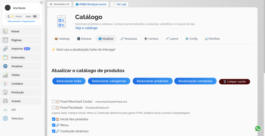 Aba Atualizar do Catálogo após editar campos