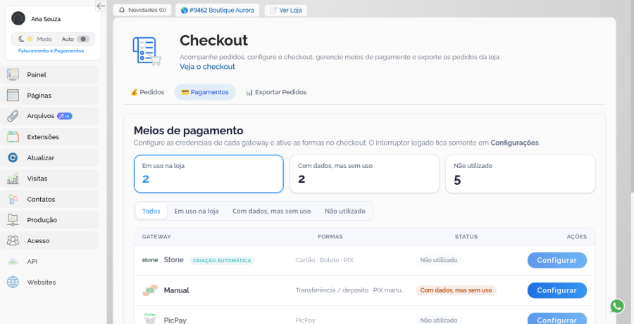 Lista de meios de pagamento com Stone ainda não utilizada