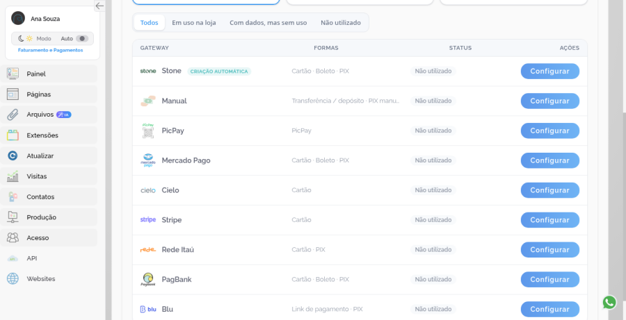 Lista de gateways com Mercado Pago