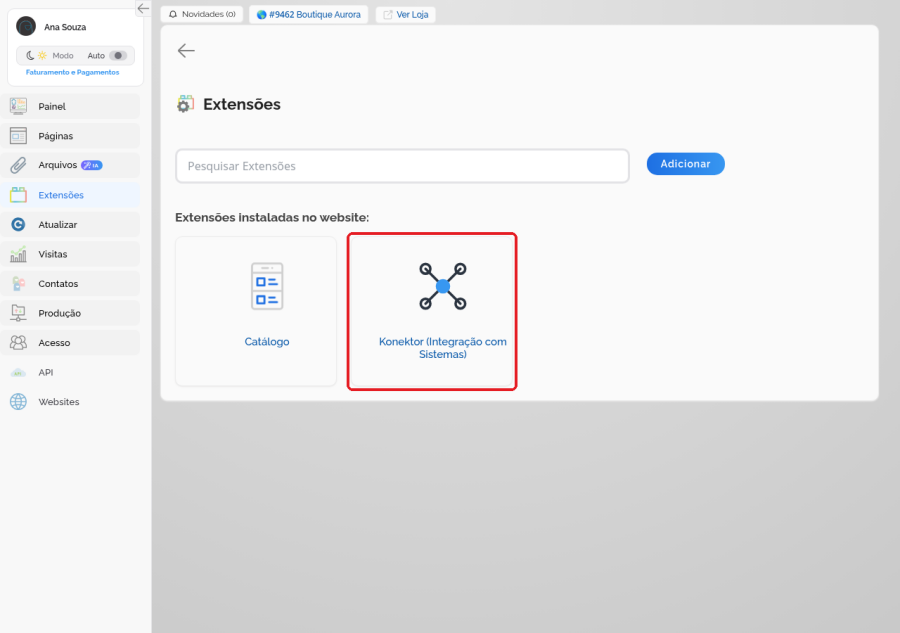 Tela Extensões do painel com o card do Konektor destacado