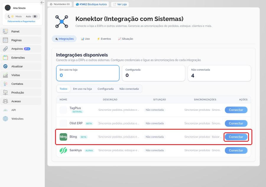 Lista de integrações do Konektor com a linha do Bling e o botão Conectar destacados