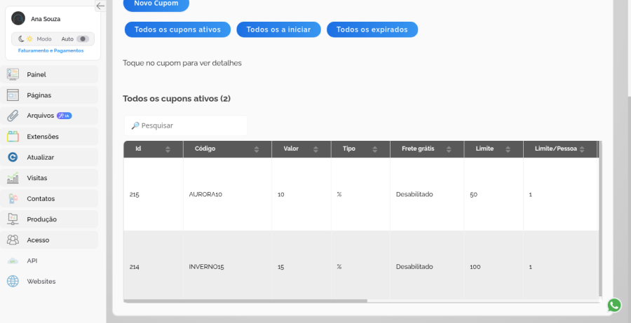 Lista de cupons ativos com AURORA10 e INVERNO15