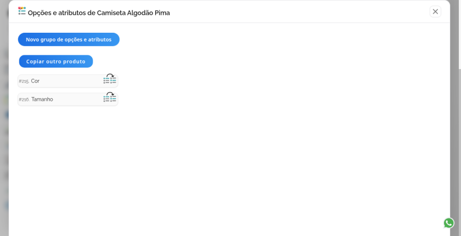 Grupos de opções Cor e Tamanho
