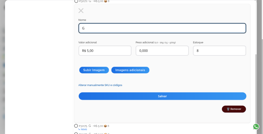 Opção final com valor adicional e estoque