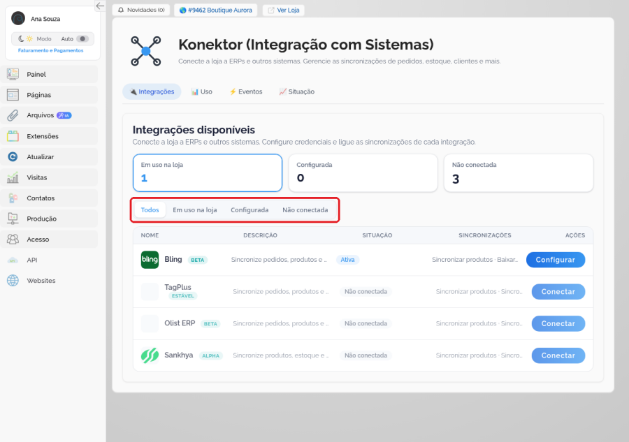 Lista Integrações disponíveis do Konektor com os filtros Todos, Em uso na loja, Configurada e Não conectada