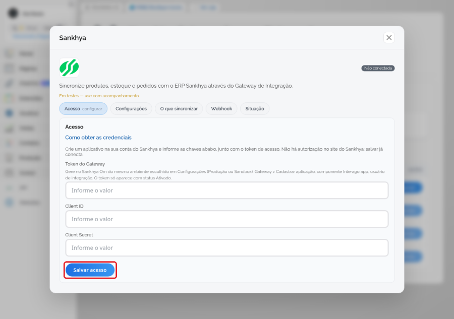 Aba Acesso do Sankhya com Token do Gateway, Client ID, Client Secret e o botão Salvar acesso