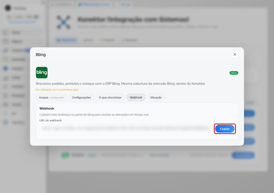 Aba Webhook com o campo URL do webhook borrado e o botão Copiar destacado
