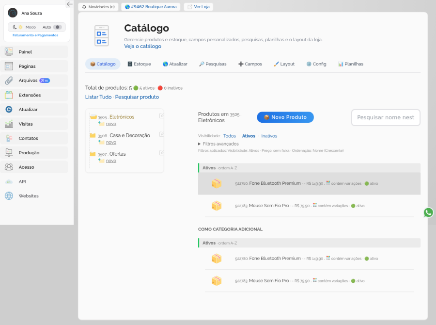 Lista de produtos com o botão Novo Produto