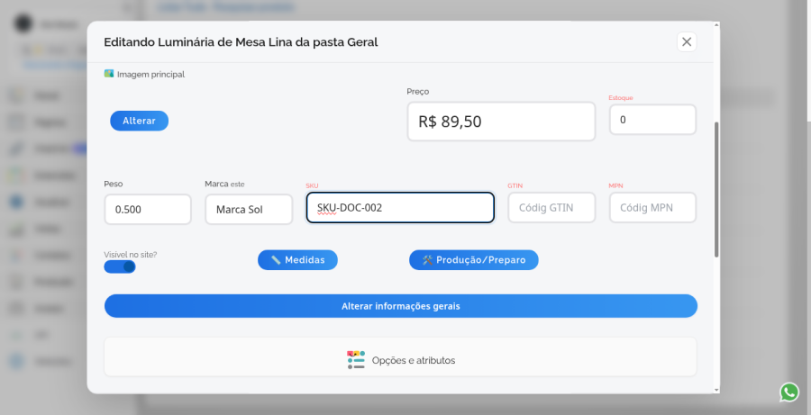 Produto simples com SKU preenchido