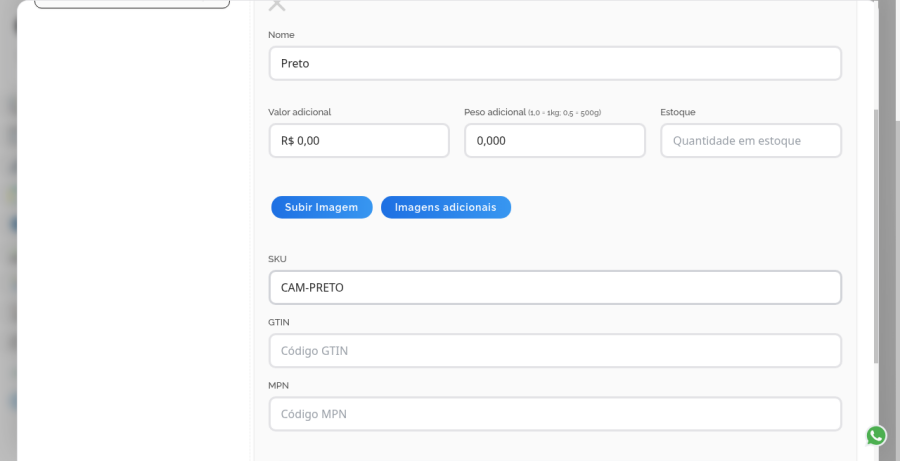 SKU na opção de variação