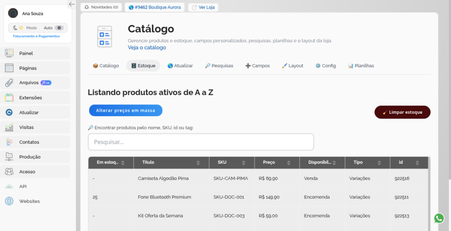 SKU visível na aba Estoque