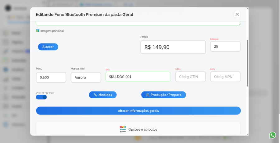 Edição do produto com estoque e visibilidade