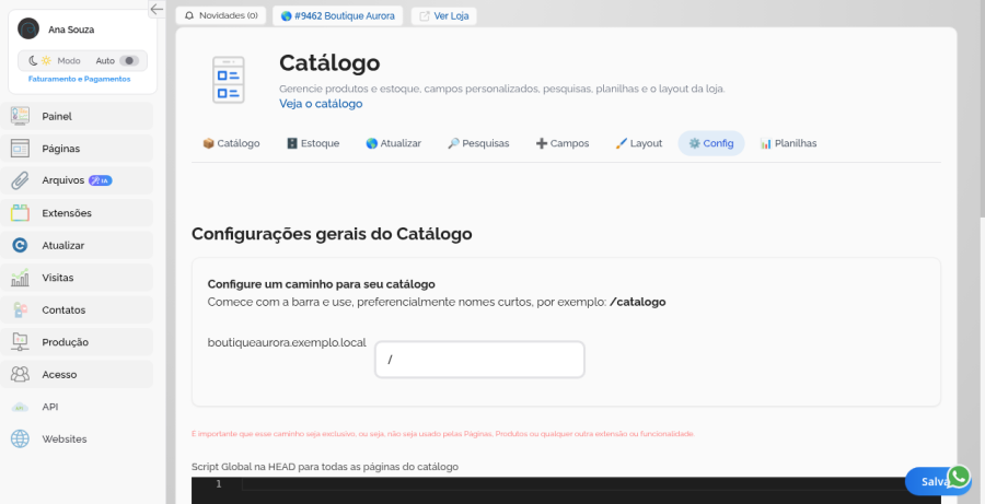 Configuração do caminho do catálogo