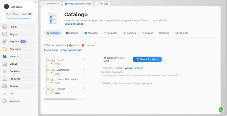 Árvore de categorias no Catálogo