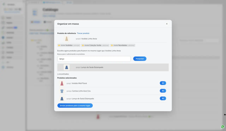 Janela Organizar em massa com o produto de referência, suas categorias e três produtos selecionados prontos para envio