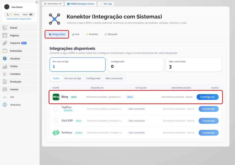 Aba Integrações do Konektor com os cards TagPlus, Olist ERP, Bling e Sankhya e o botão Configurar