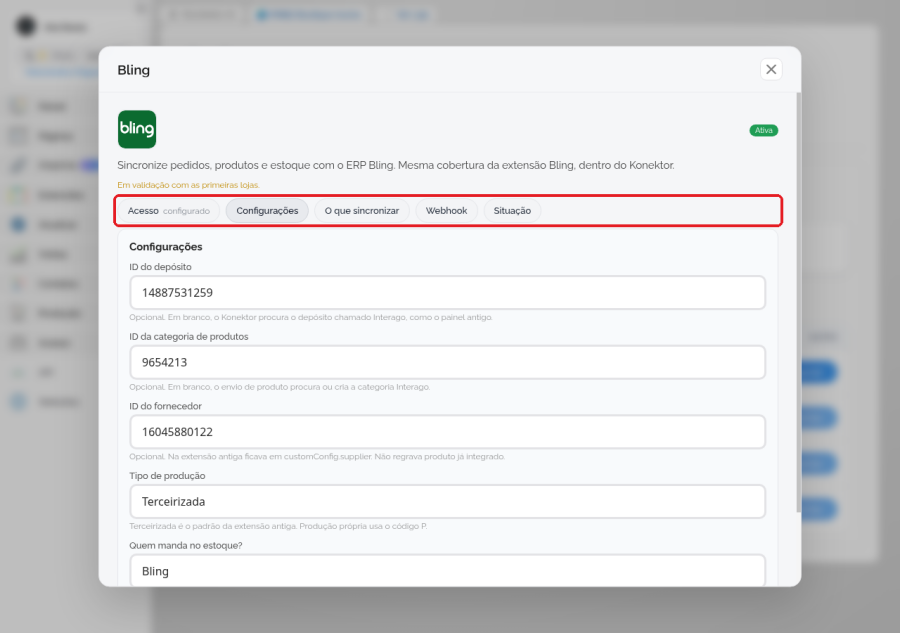 Janela da integração com as abas Acesso, Configurações, O que sincronizar, Webhook e Situação destacadas