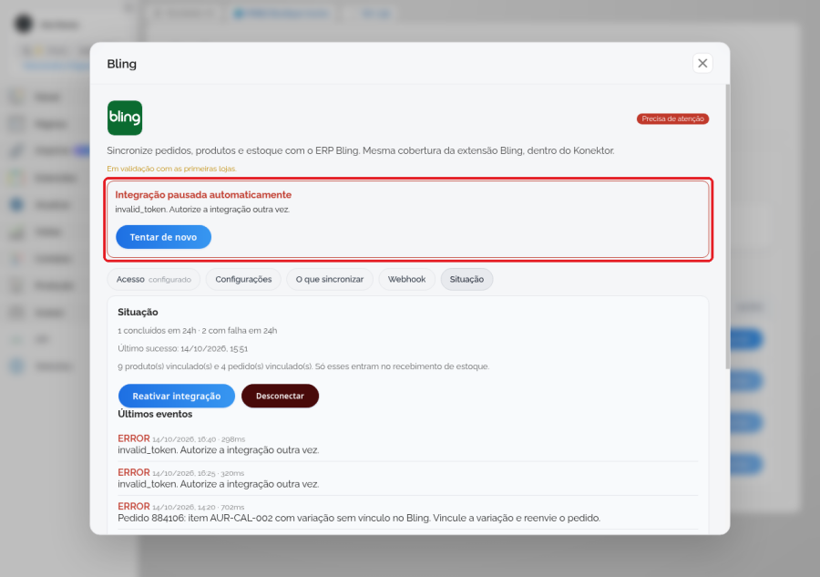 Integração Bling pausada por token inválido, com o botão Tentar de novo destacado e a aba Situação aberta