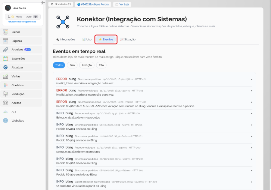 Aba Eventos do Konektor com filtros e mensagens de erro recentes