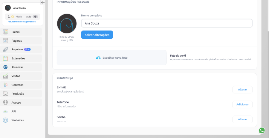 Bloco Segurança com e-mail e senha mascarada