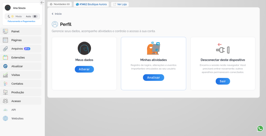 Hub do Perfil com dados, atividades e desconectar