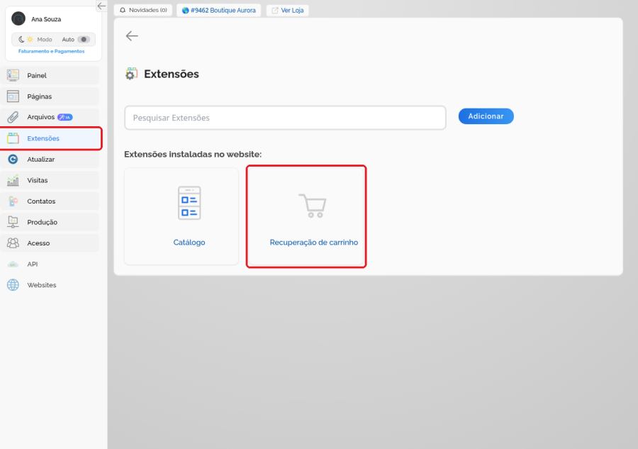Menu Extensões do painel com o card da Recuperação de carrinho destacado